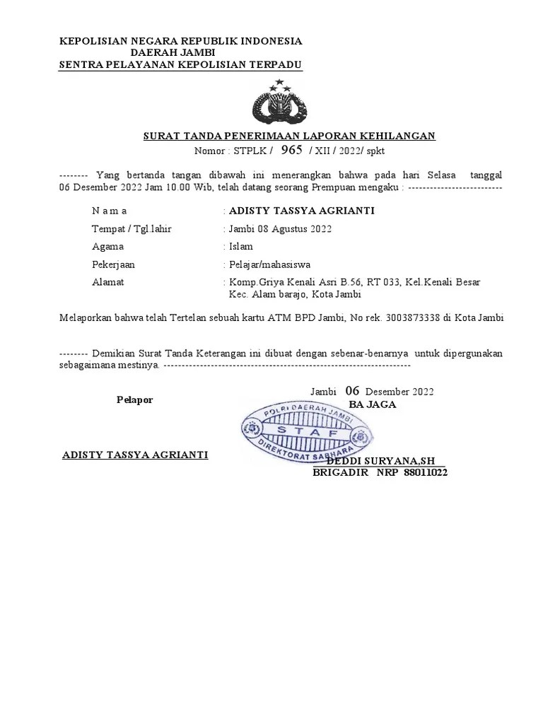 Surat Laporan Kehilangan | PDF
