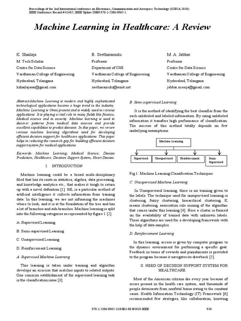 Machine Learning In Healthcare | PDF | Machine Learning | Statistical ...