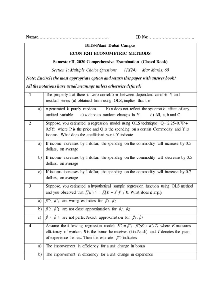 Econometrics Sample Paper | PDF | Regression Analysis | Ordinary Least ...