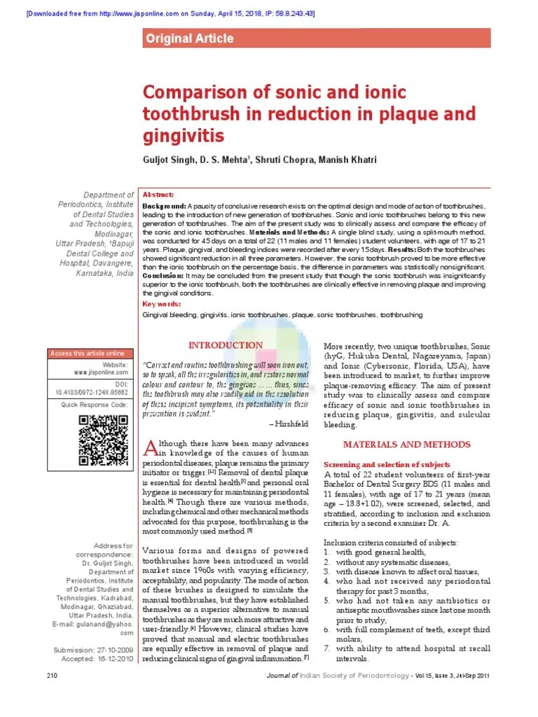 Comparison of sonic and ionic toothbrush in reduct