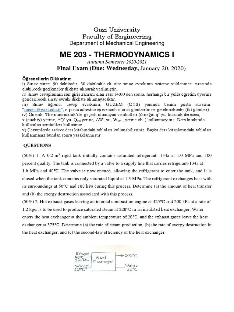 Thermodynamics Me203-Final Exam-20012021 | PDF