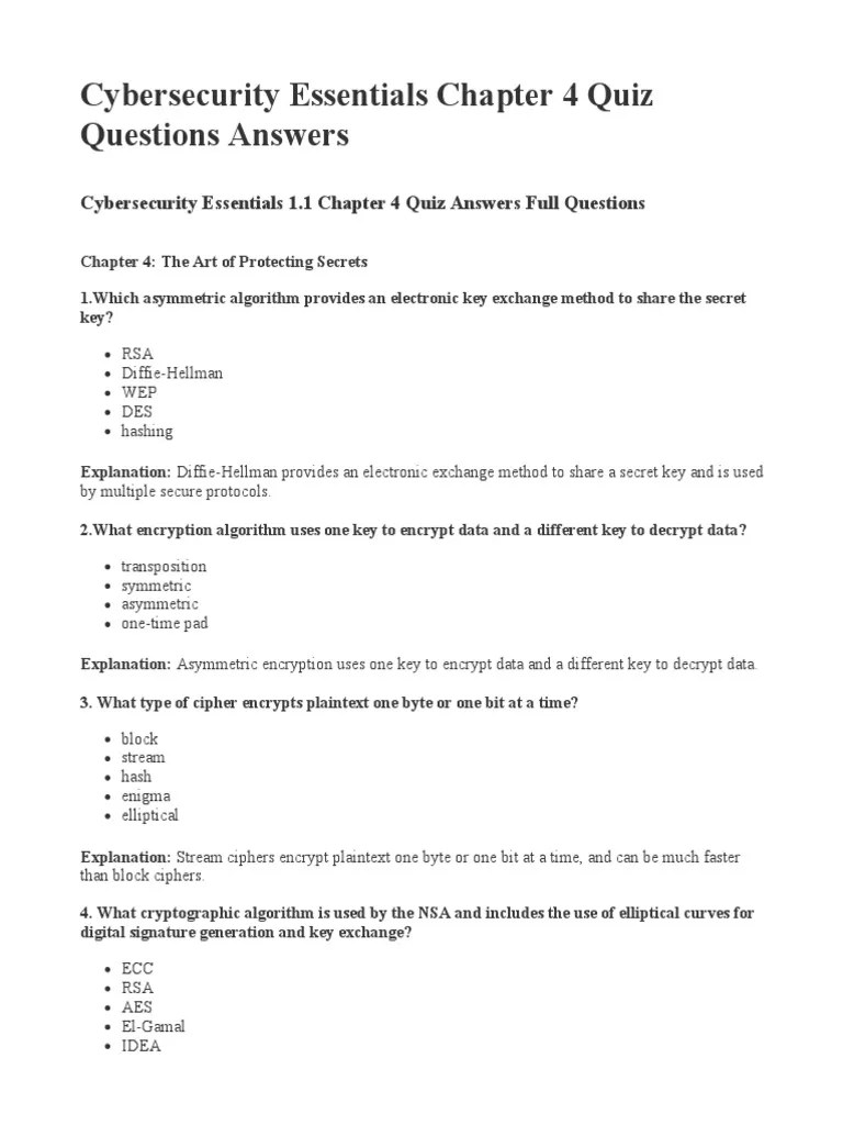 Cybersecurity Essentials Chapter 4 Quiz Questions Answers | PDF | Cryptography | Encryption