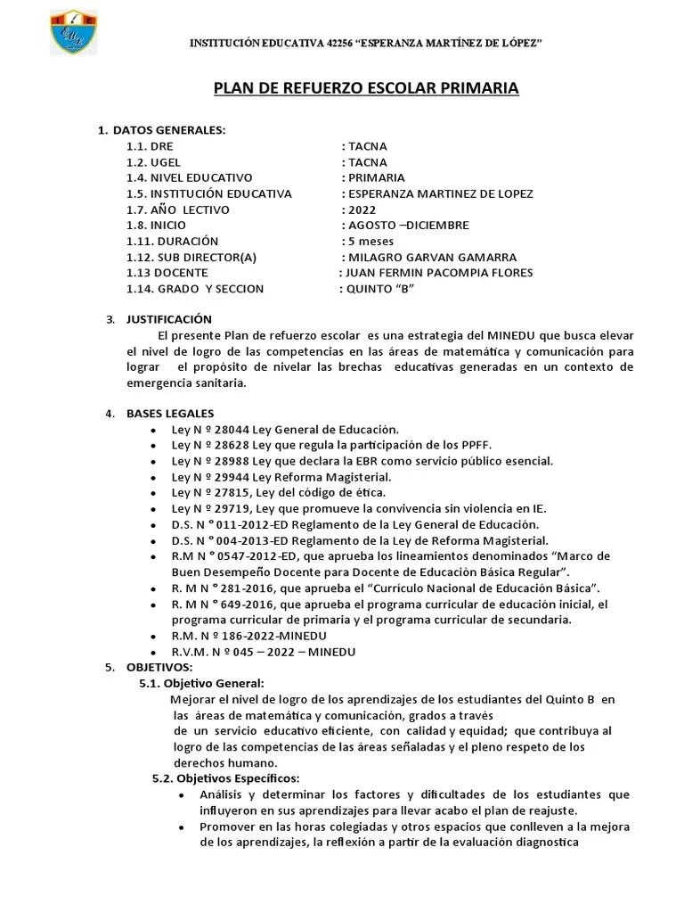 Plan Del Refuerzo Escolar De 5to B | PDF | Evaluación