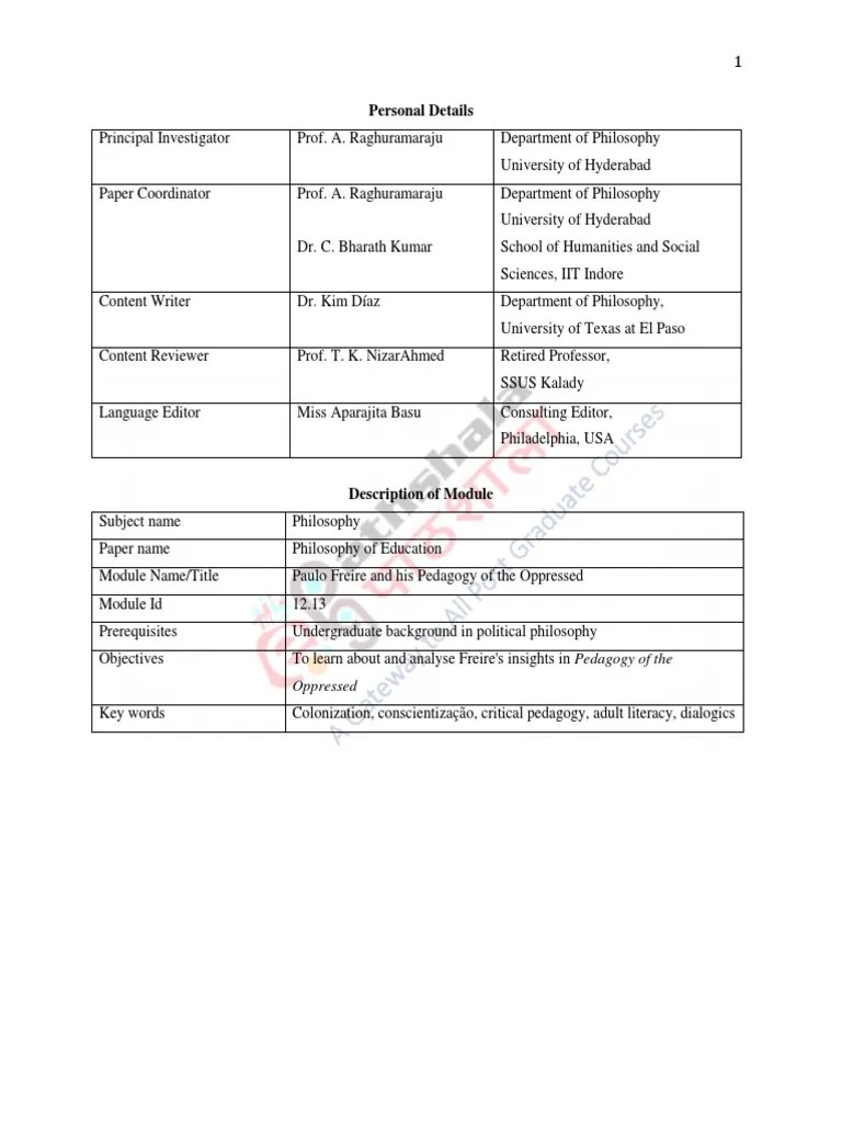 Paulo Freire And His Pedagogy Of The Opressed | PDF | Pedagogy | Teachers