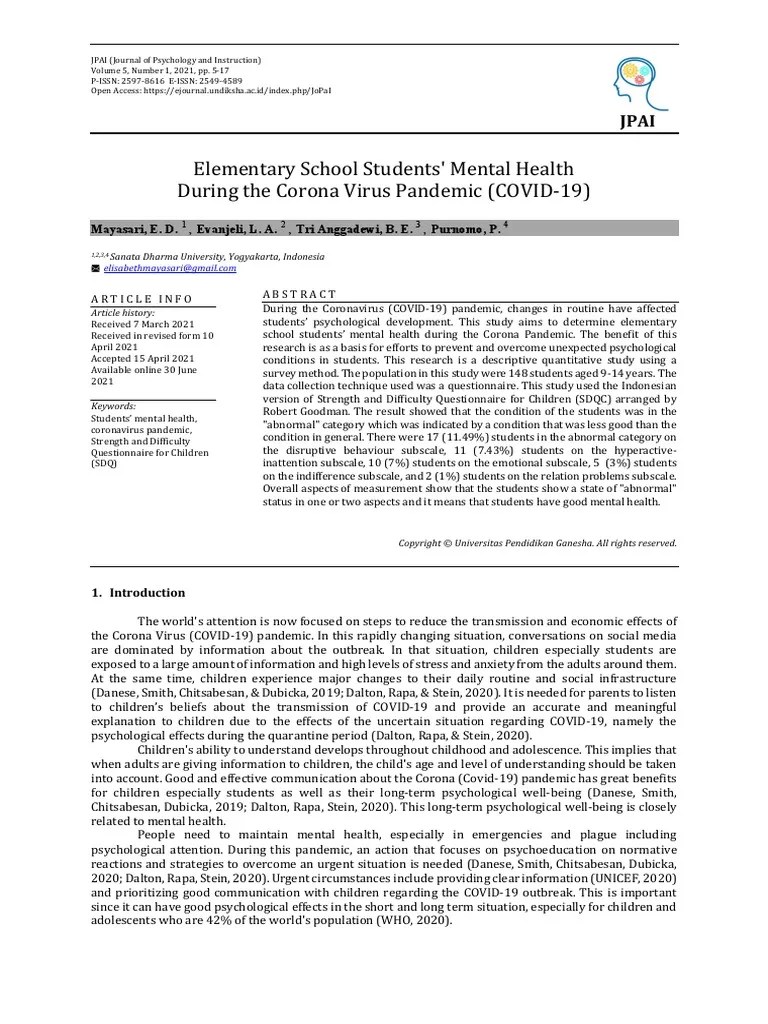 Elementary School Students' Mental Health During The CoronaVirus Pandemic (COVID-19) | PDF ...