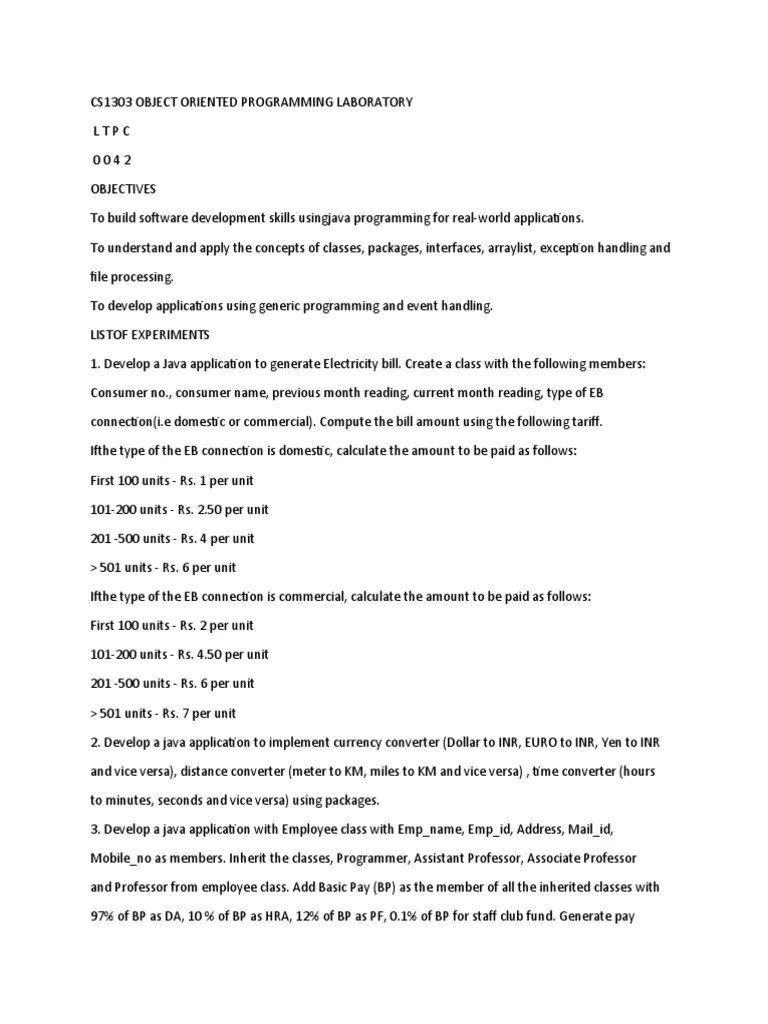 CS1303 Object Oriented Programming Laboratory | PDF | Java (Programming ...