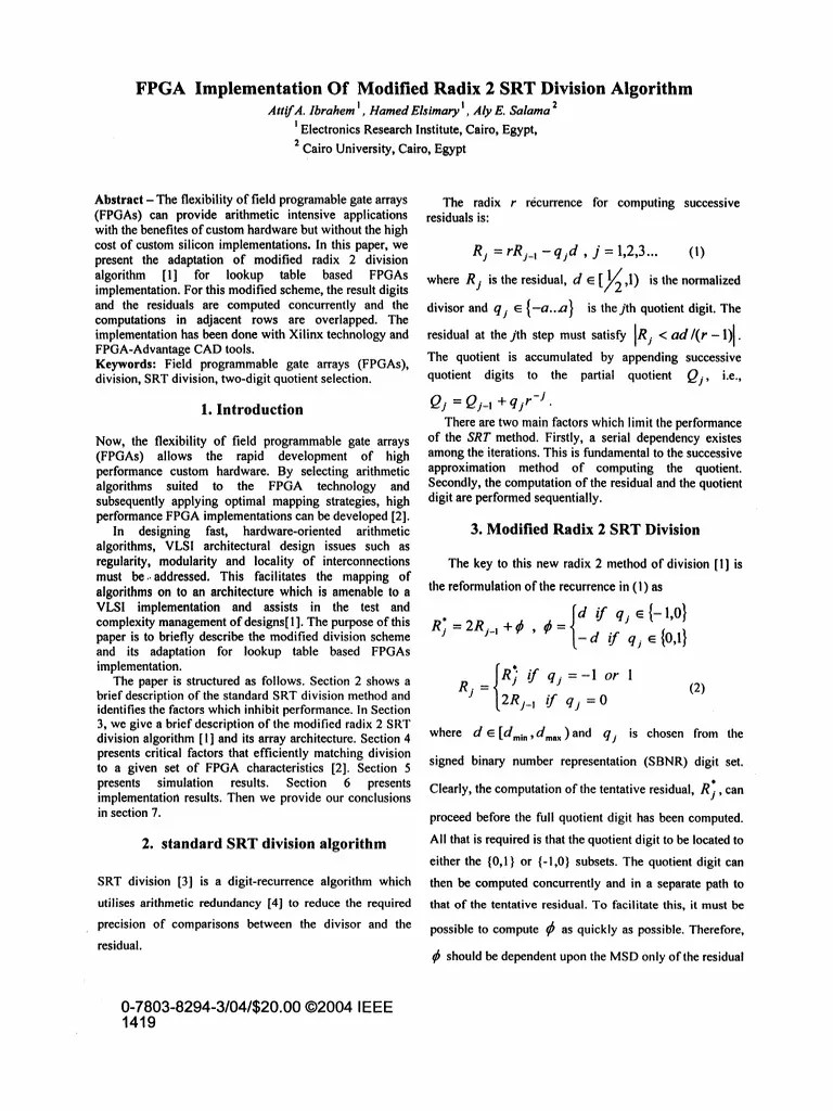 Fpga Implementation Of Modified Radix 2 SRT Division Algorithm ...