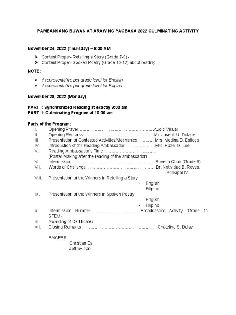 Pambansang Buwan At Araw NG Pagbasa 2022 Culminating Activity | PDF