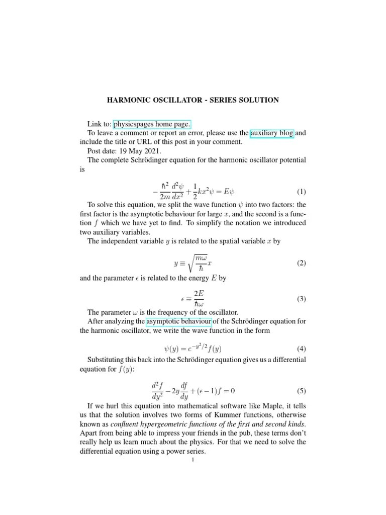 Harmonic Oscillator - Series Solution | PDF | Equations | Oscillation