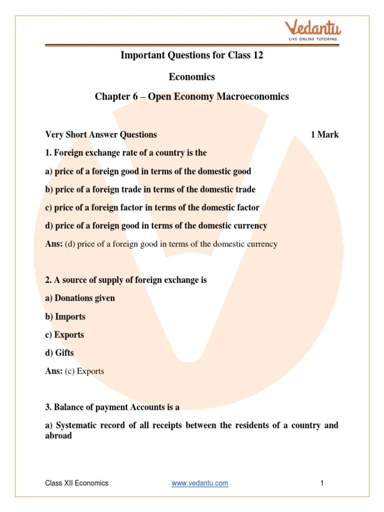 Important Questions For CBSE Class 12 Macro-Economics Chapter 6 - Open Economy Macroeconomics ...