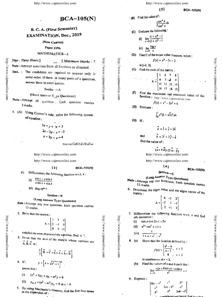 Bca 1 Sem Mathematics 1 Bca 105 N Dec 2019 Pdf