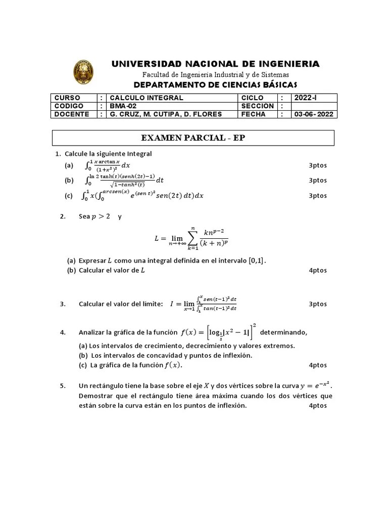Examen Parcial C.I | PDF | Integral | Conceptos Matemáticos