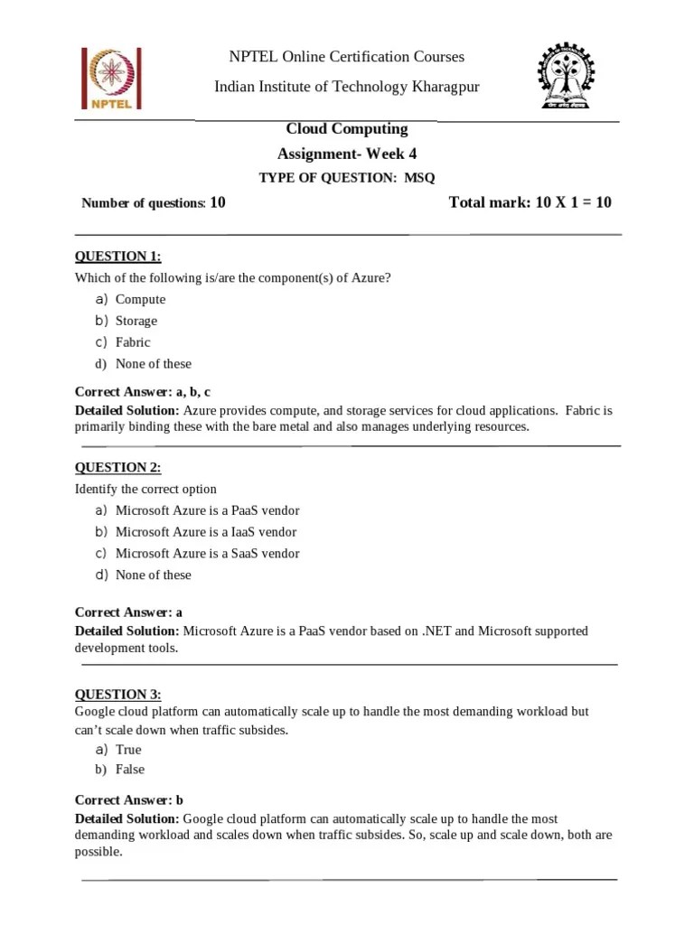 NPTEL CC Assignment4 | Download Free PDF | Cloud Computing | Microsoft ...