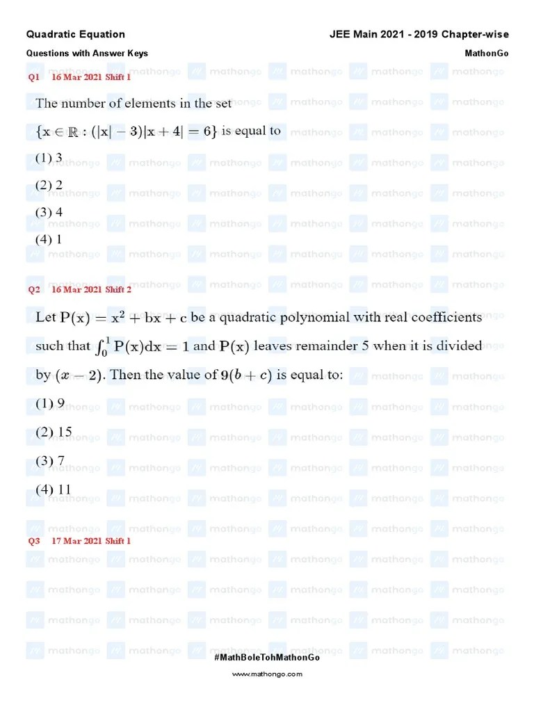Quadratic Equation - JEE Main 2021 - 2019 Chapter-Wise | PDF