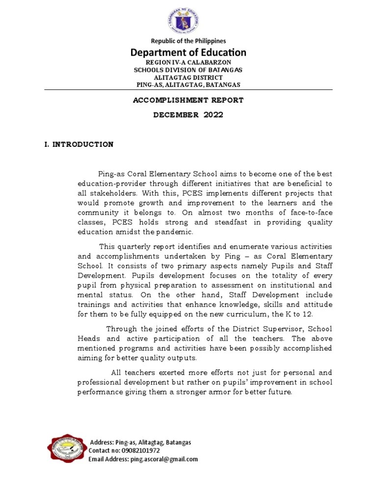 Accomplishment Report December 2022 | PDF | Teachers | Education Theory