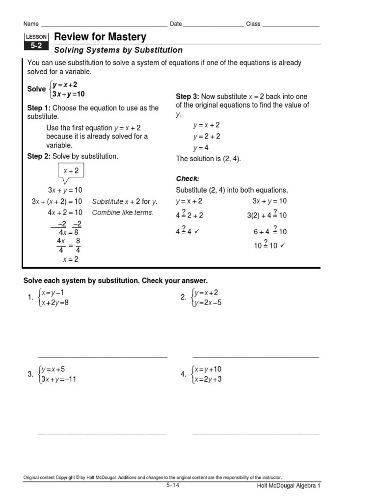 Lesson 2 Solving Systems By Substitution - Mastery | PDF | Equations ...
