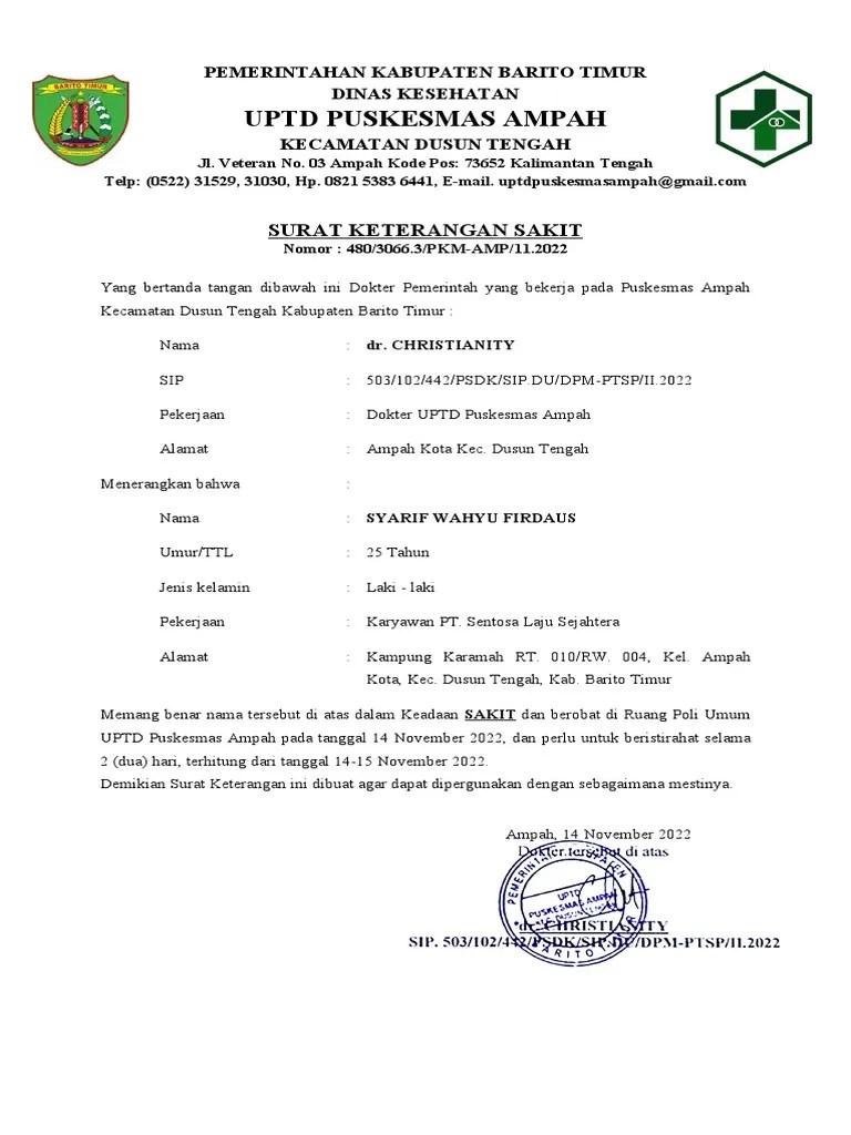 Surat Keterangan Sakit Puskes | PDF