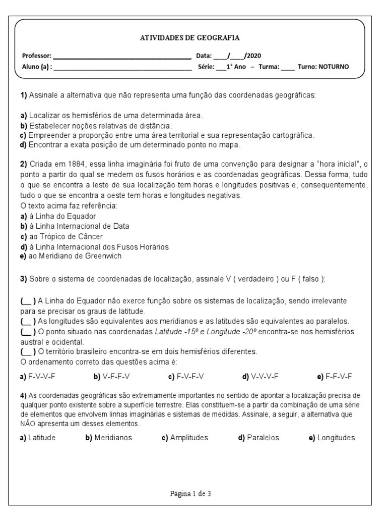 Coordenadas Geográficas 1° ANO | PDF | Longitude | Geografia