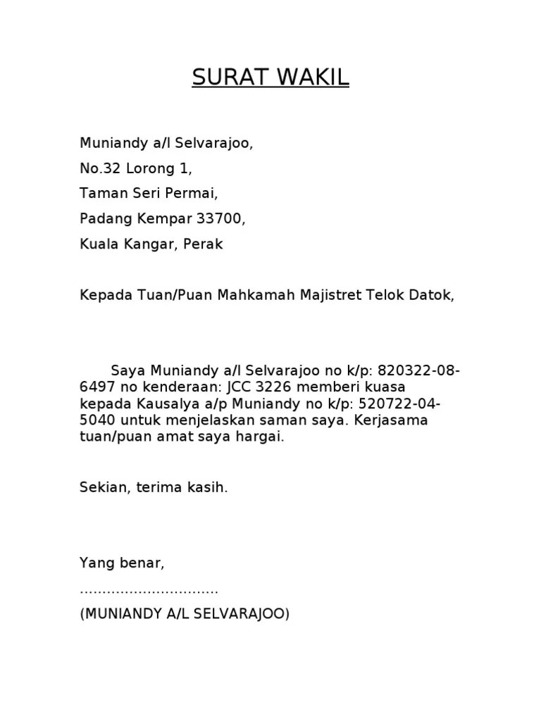 Contoh Surat Rasmi Wakil Syarikat / Mewakilkan Contoh Surat Wakil Ambil