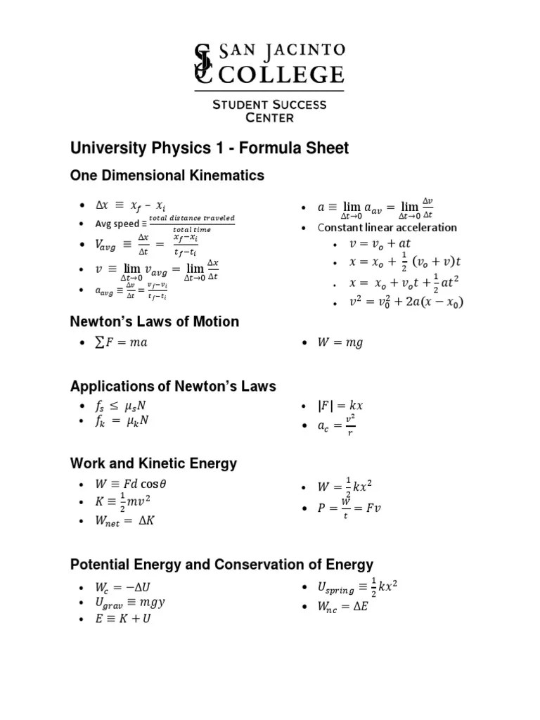 Physics 1 Formula Sheet | PDF | Space | Mechanics