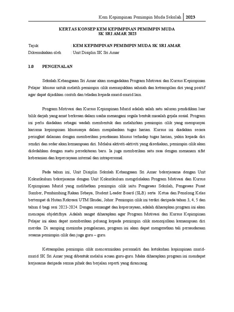 Kertas Kerja Kem Kepimpinan Tahunan Sksa 2023-2024 | PDF