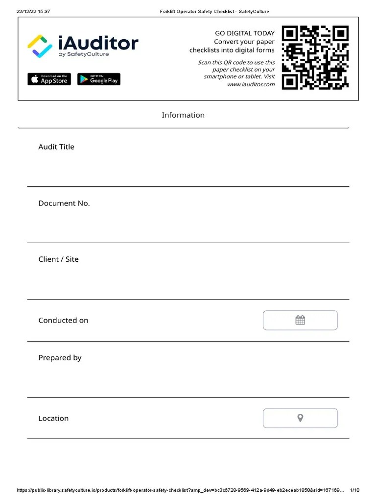 Forklift Operator Safety Checklist - SafetyCulture | PDF | Forklift ...