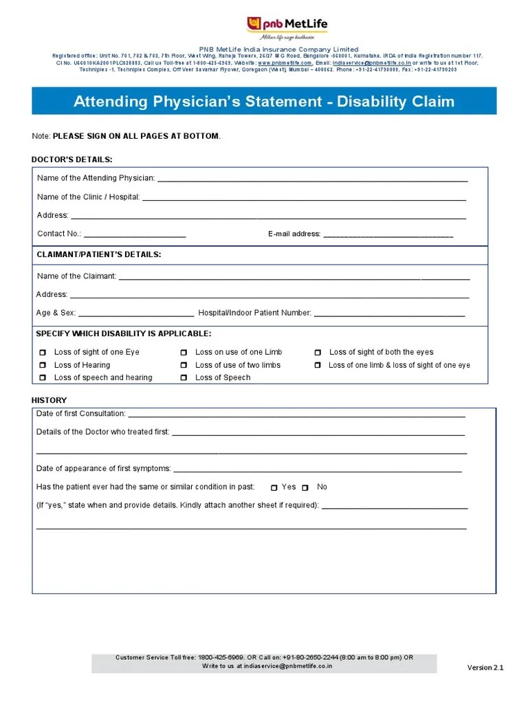 Attending Physicians Statement-Disability Claim Ver2.1 - English - Tcm47-27477 | PDF | Physical ...