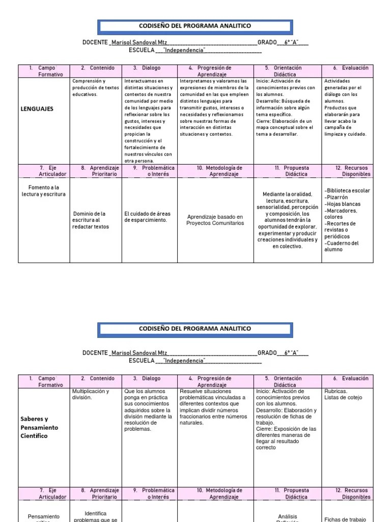 6° A Codiseño Del Programa Analitico | PDF | Evaluación | Aprendizaje