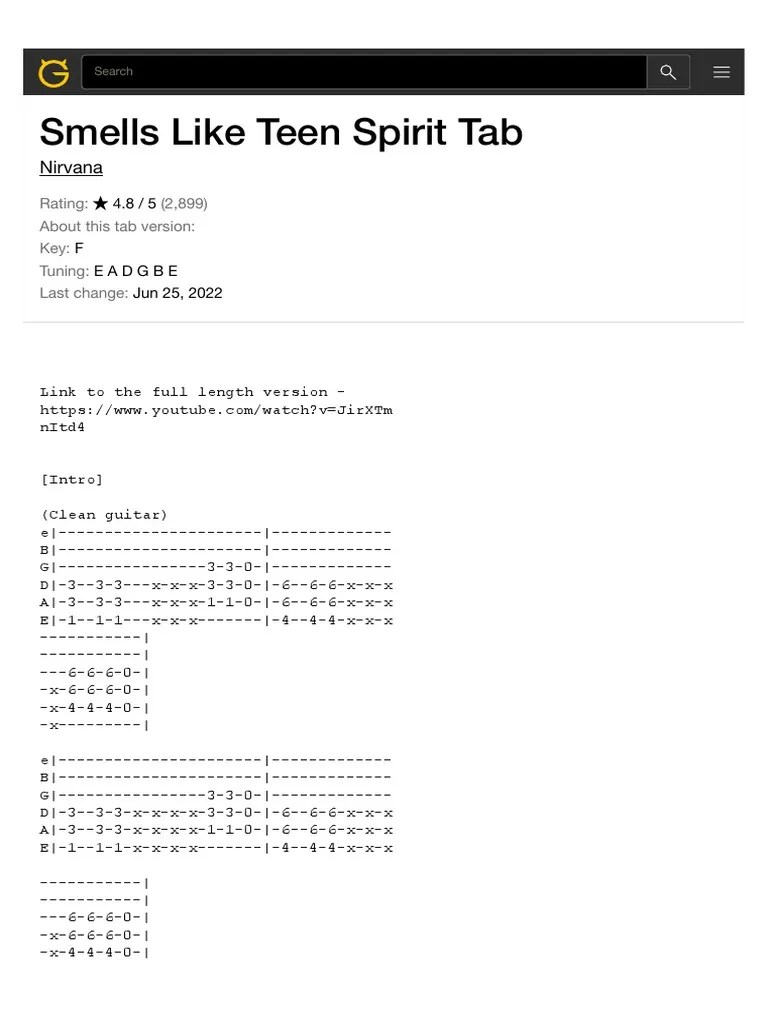 SMELLS LIKE TEEN SPIRIT TAB By Nirvana At Ultimate | PDF | Song Structure | Nirvana (Band)