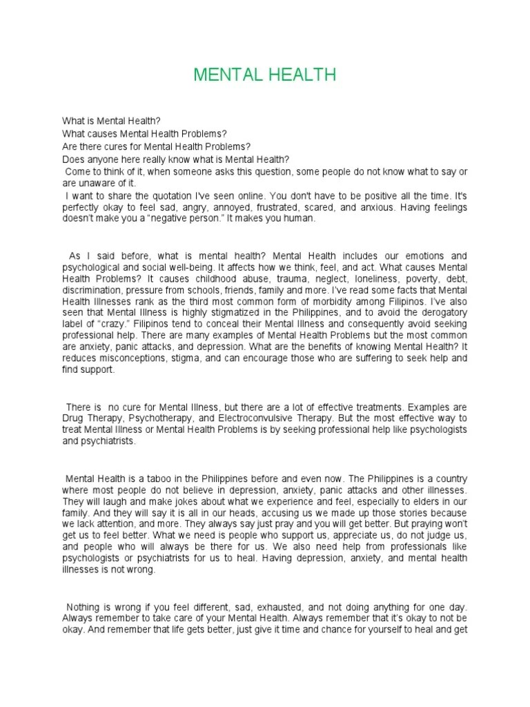 Mental Health Speech | PDF | Mental Health | Mental Disorder