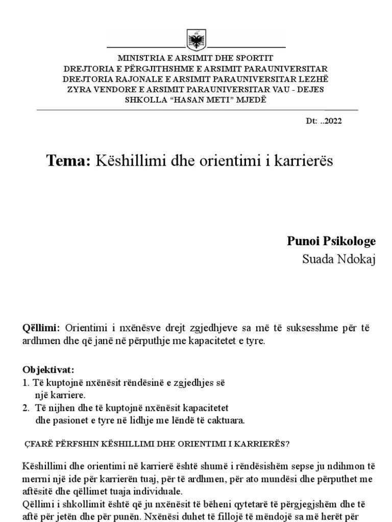 Keshillimi Dhe Orientimi I Karrieres Klasa 9, Seminar | PDF