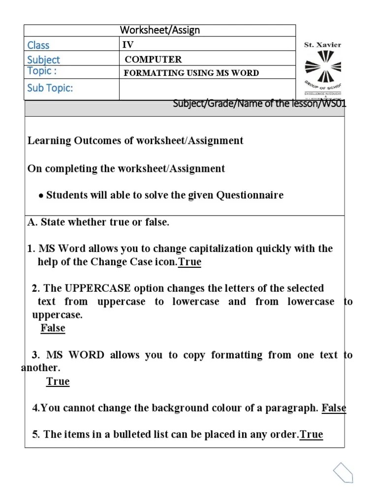 MS Word Formatting Worksheet For Class IV | PDF