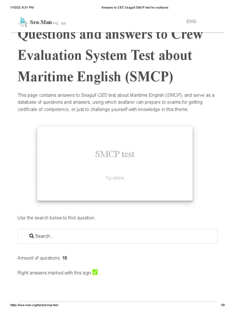 Answers To CES Seagull SMCP Test For Seafarers | PDF | Ships | Watercraft
