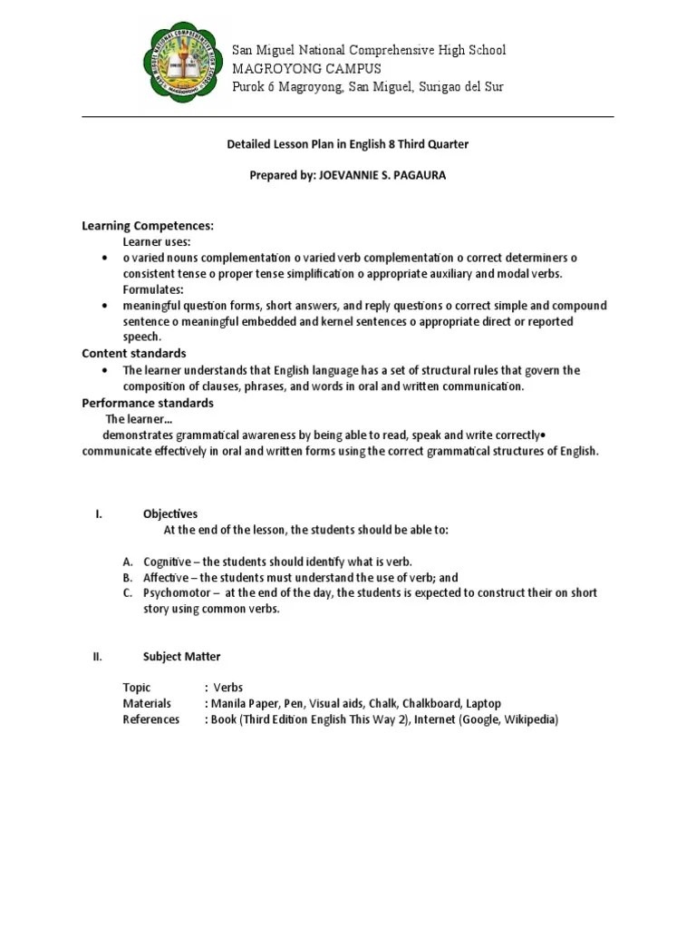 Detailed Lesson Plan Verb | PDF | English Language | Verb