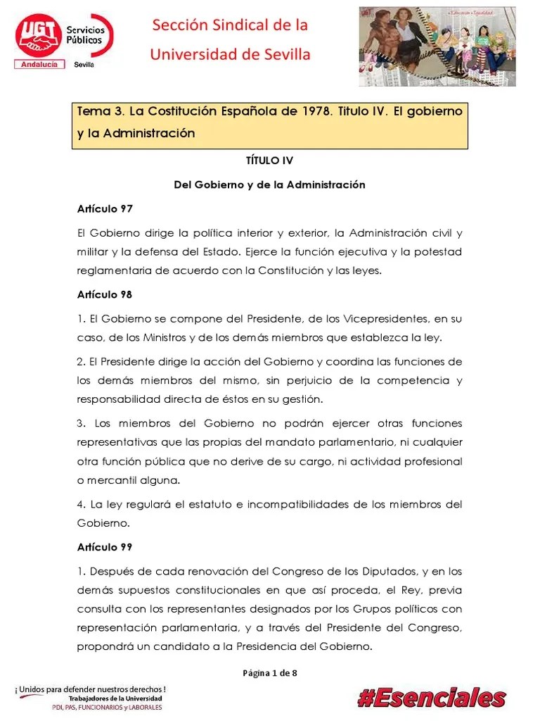 Tema 3 Constitucion Española, Titulo IV. El Gobierno Y La Administración | Descargar Gratis PDF ...