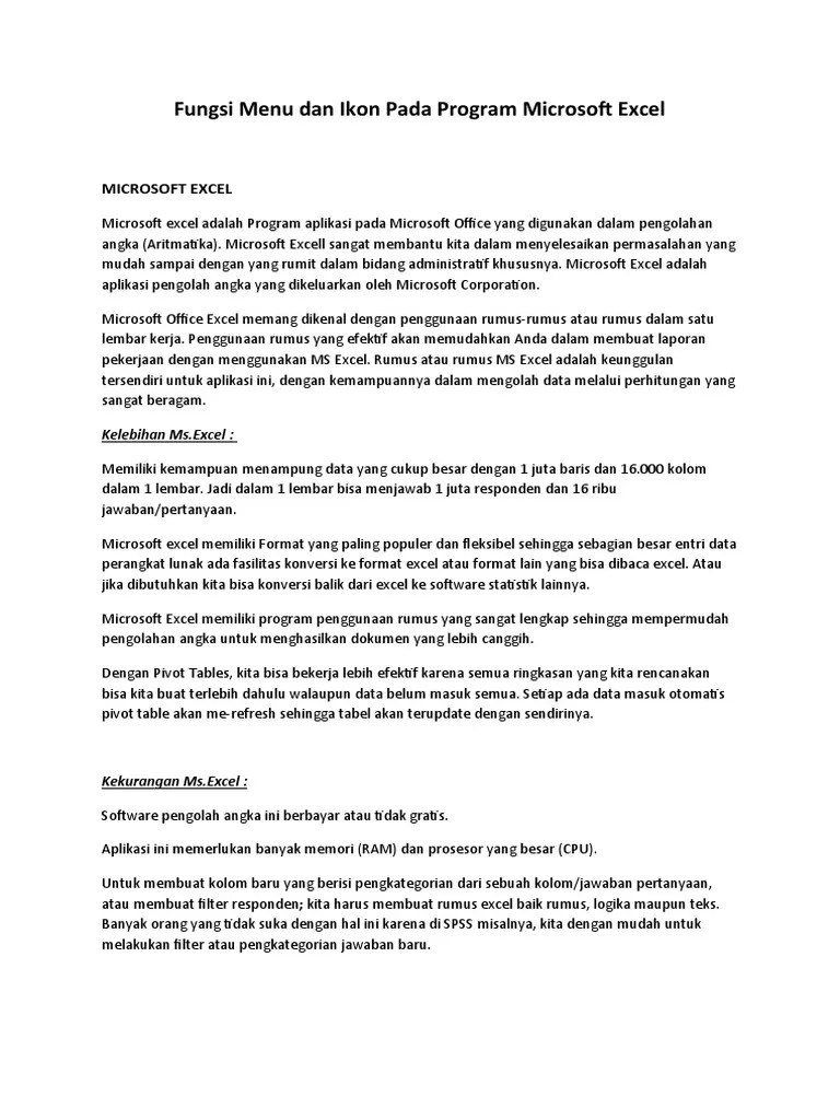 Fungsi Menu Dan Ikon Pada Program Microsoft Excel | PDF