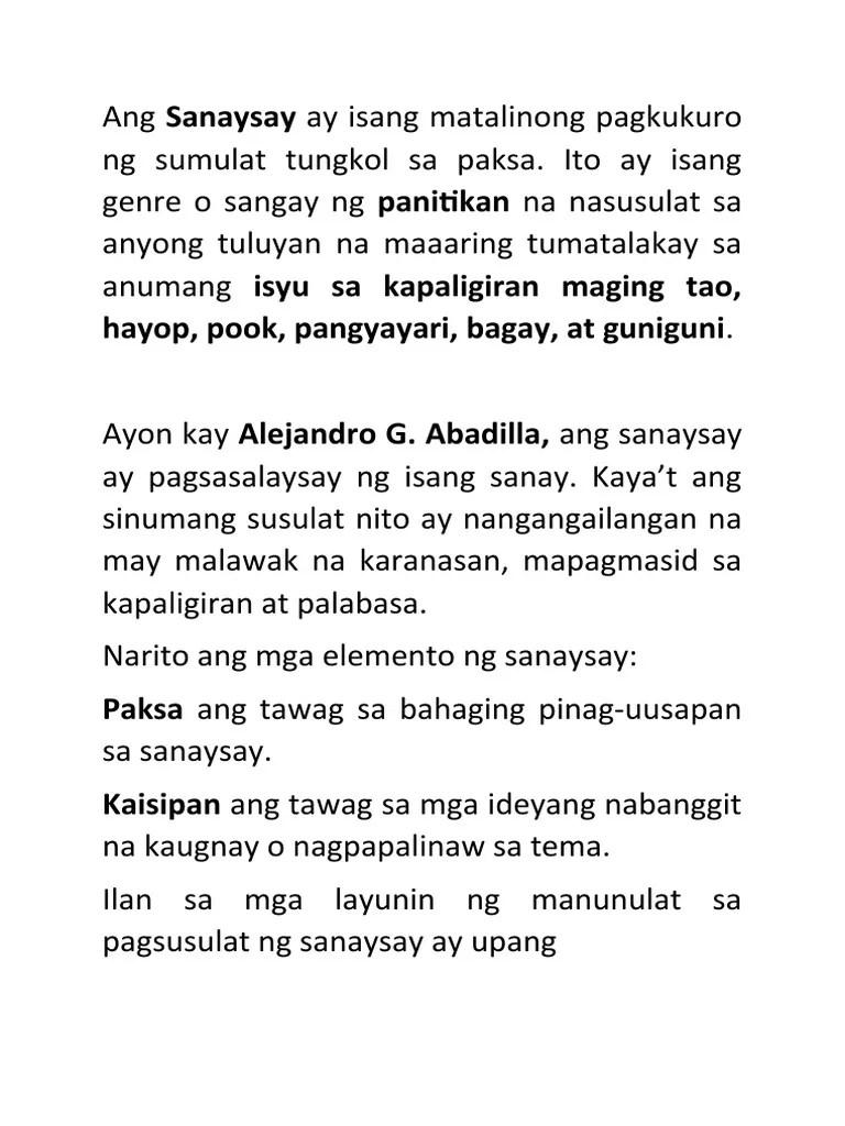 Ang Sanaysay Ay Isang Matalinong Pagkukuro NG Sumulat Tungkol Sa Paksa | PDF