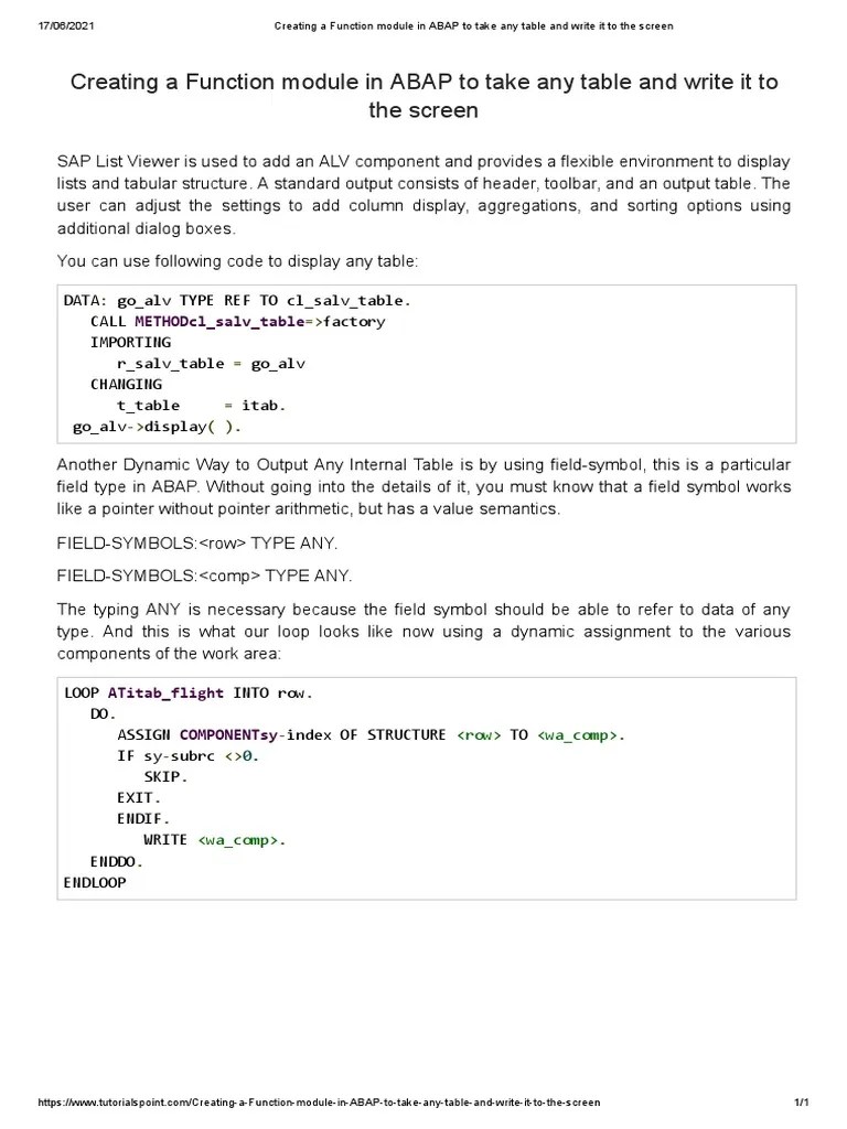 SAP ABAP Creating A Function Module In ABAP To Take Any Table And Write ...
