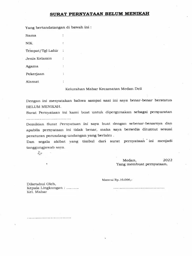 Surat Pernyataan Belum Menikah | PDF