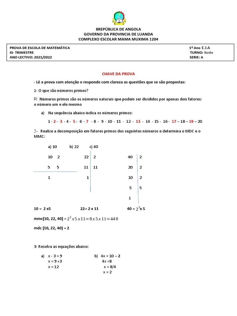 Chave Da Prova De Escola - 1º Ano - E.J.A | PDF | Matemática | Objetos ...