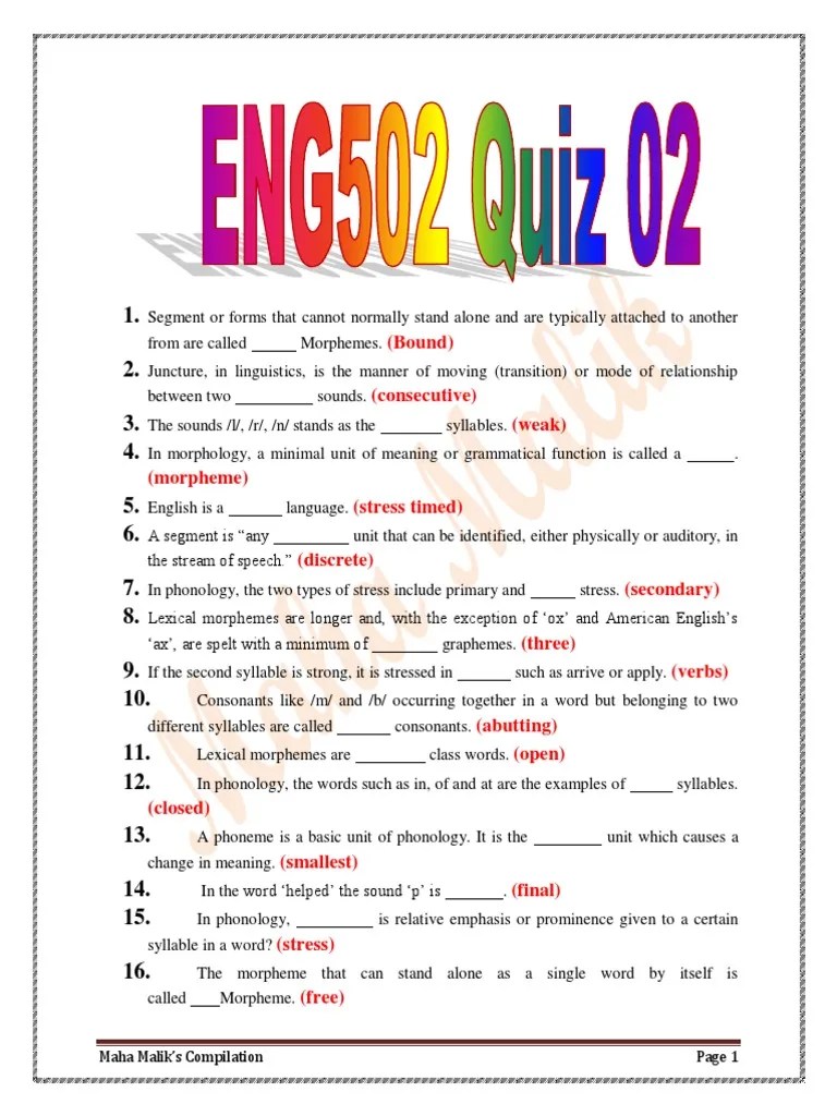 ENG502 Midterm MCQs Paper | PDF | Syllable | Stress (Linguistics)