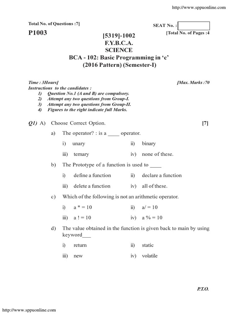 Bca 1 Sem Basic Programming In C 1002 P16 Apr 2018 | PDF