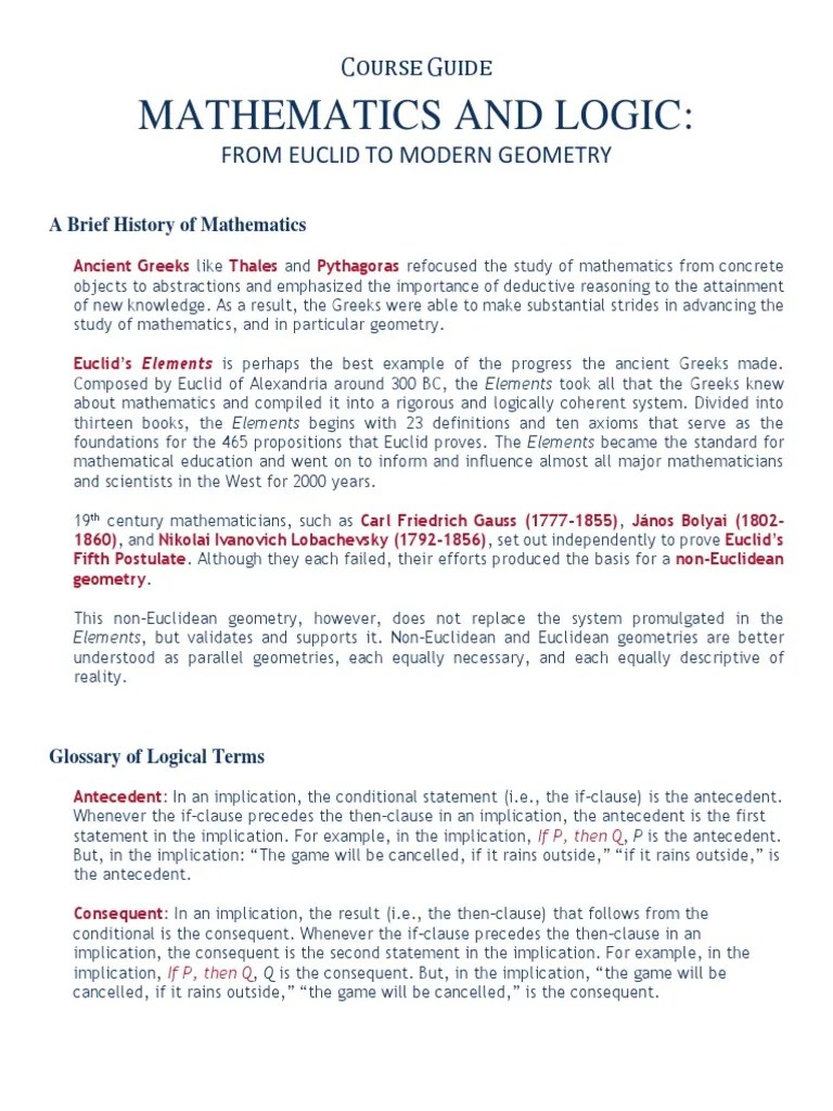 Mathematics & Logic - From Euclid To Modern Geometry - Study Guide | PDF