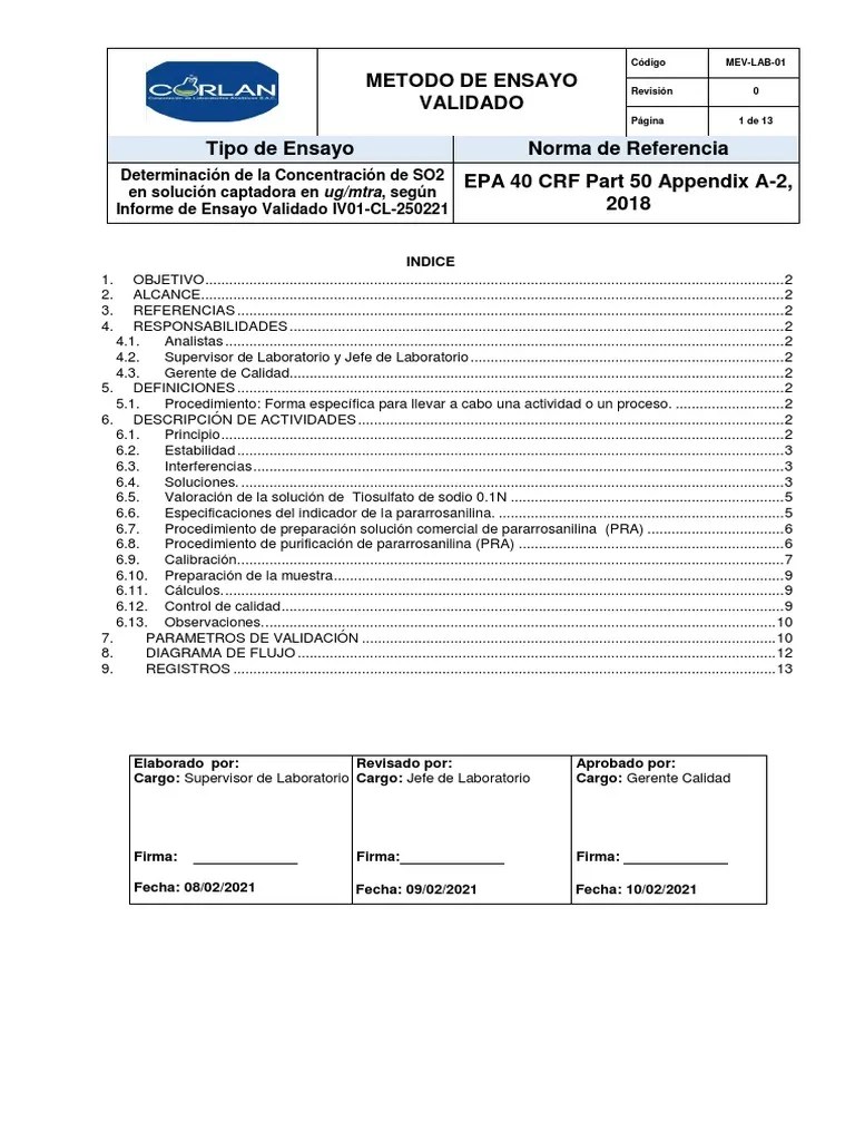Determinación De Dióxido De Azufre En Aire Ambiente: Descripción Del Método De Ensayo Validado ...