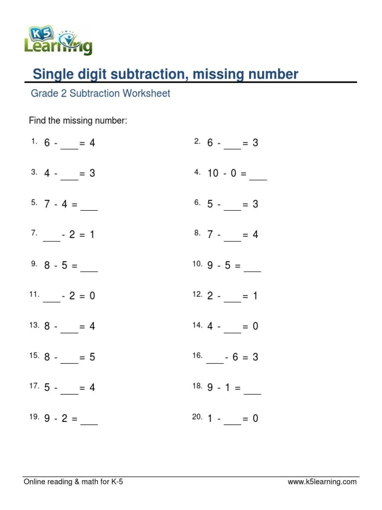 Grade 2 Single Digit Subtraction Missing Number A | PDF