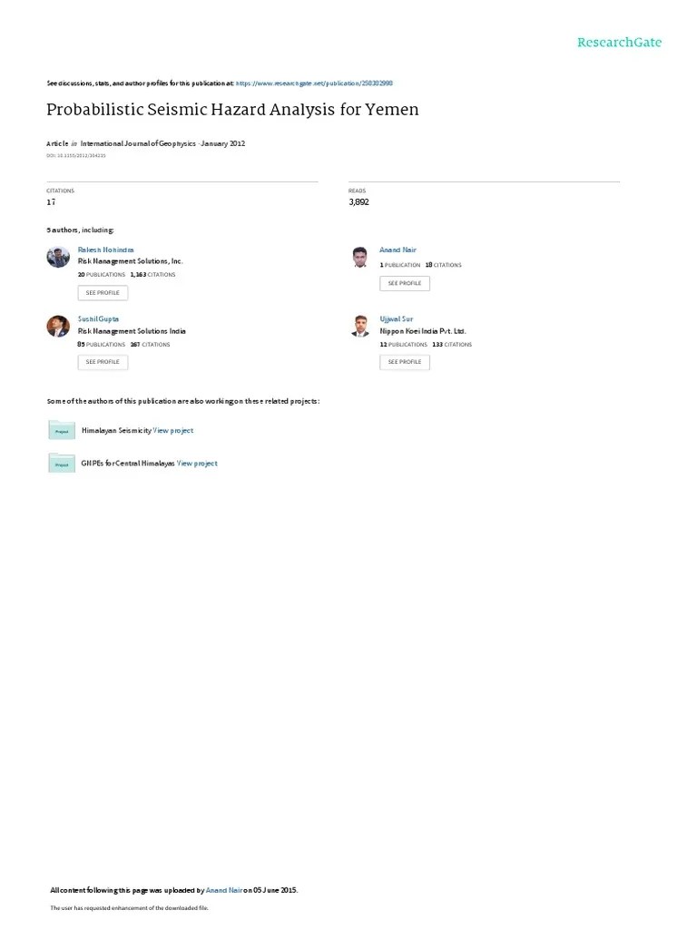 Probabilistic Seismic Hazard Analysis For Yemen | PDF | Earthquakes | Moment Magnitude Scale