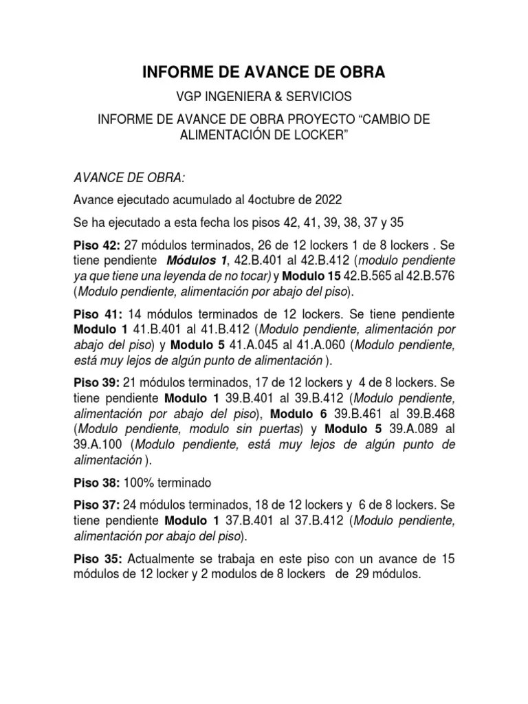 Informe De Avance De Obra | PDF