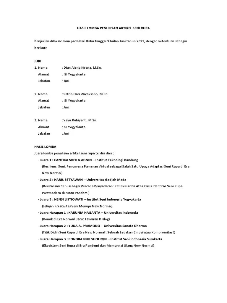Hasil Lomba Penulisan Artikel Seni Rupa | PDF