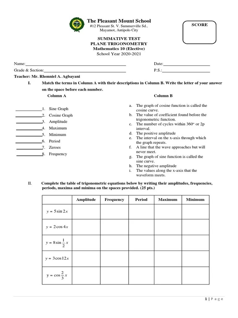 Summative Test | PDF | Trigonometric Functions | Maxima And Minima