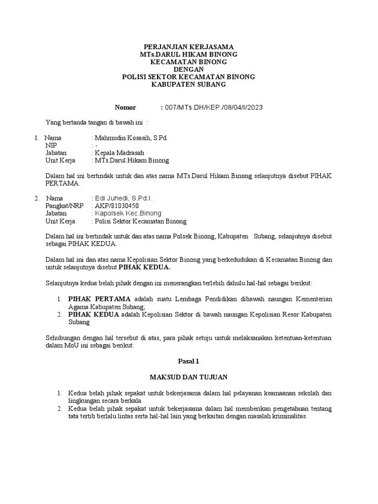 Contoh Perjanjian Kerjasama Dengan Kepolisian | PDF